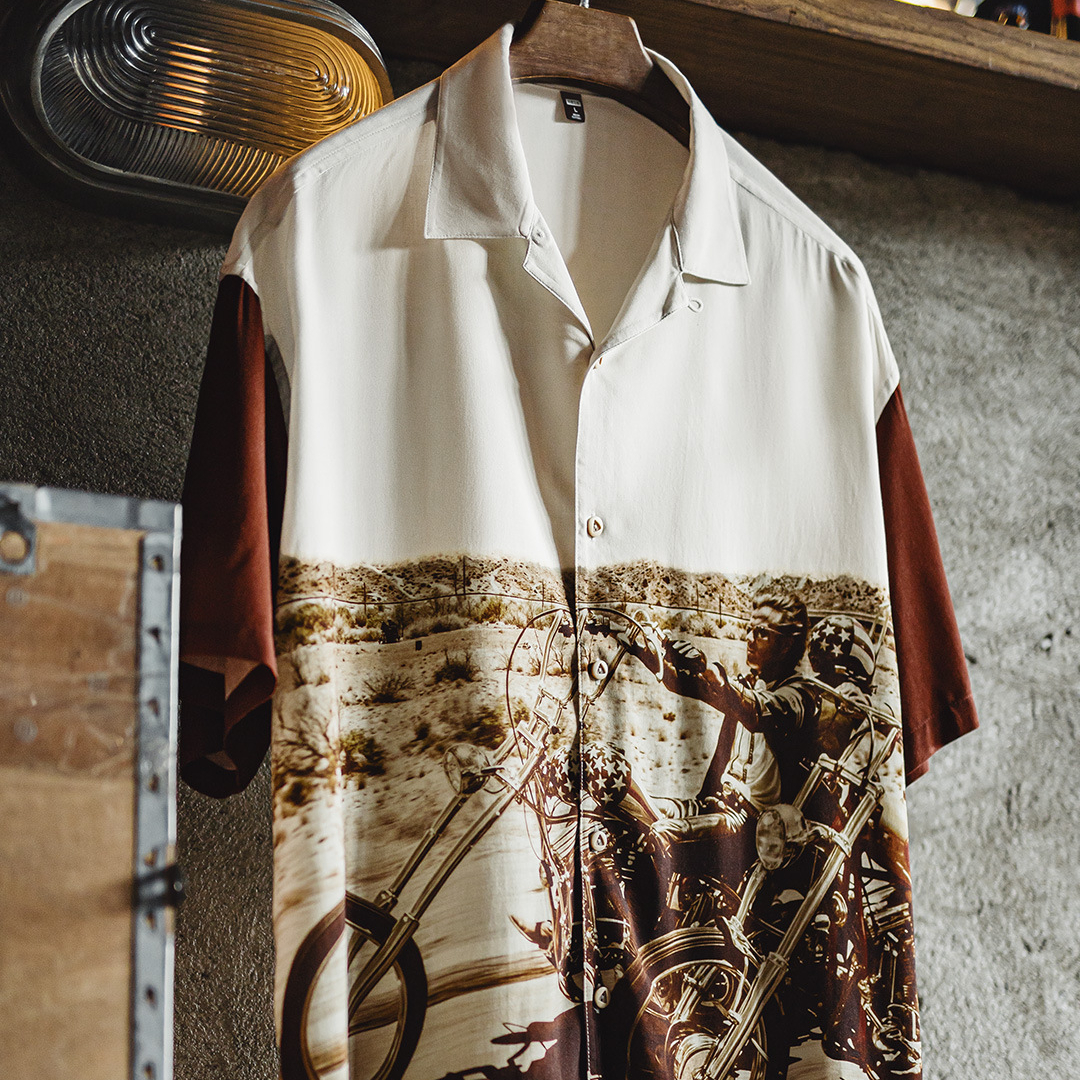 美式復古撞色古巴領襯衫垂感滿印花襯衣薄款短袖外套男夏