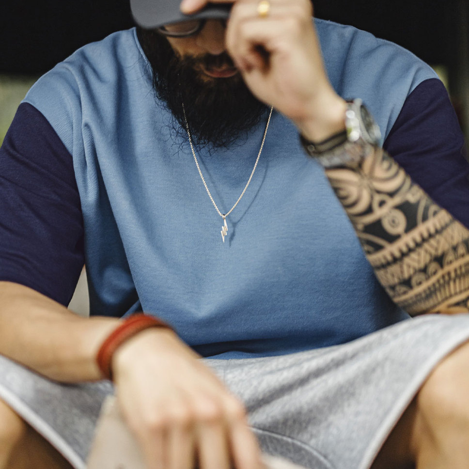 美式復古拼色T恤螺紋領口落肩袖寬鬆空氣層撞色短袖男夏