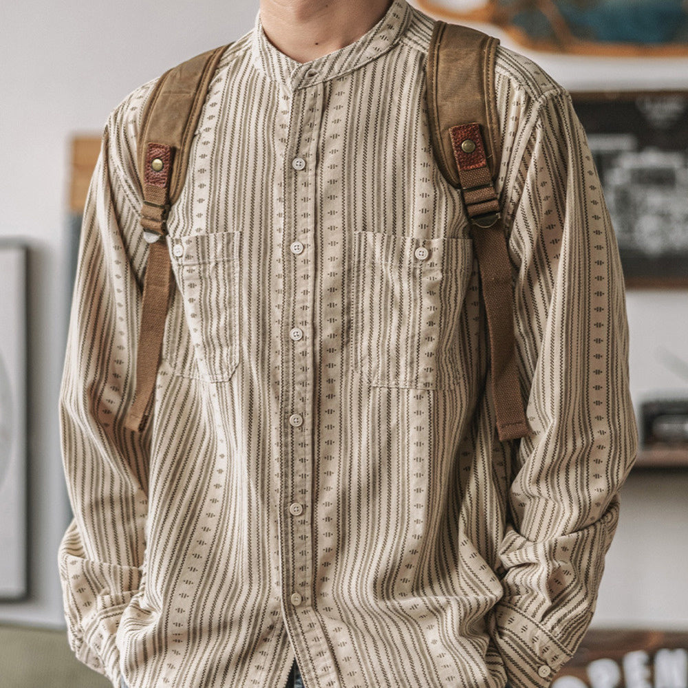美式民族風圓領長袖襯衫男 條紋亨利立領寬松襯衣秋