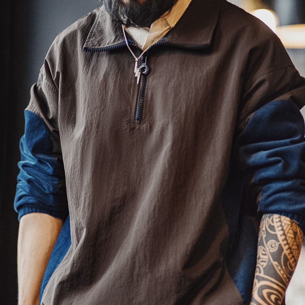 美式復古拼接半拉鍊夾克翻領撞色戶外燈芯絨褶皺衛衣男春