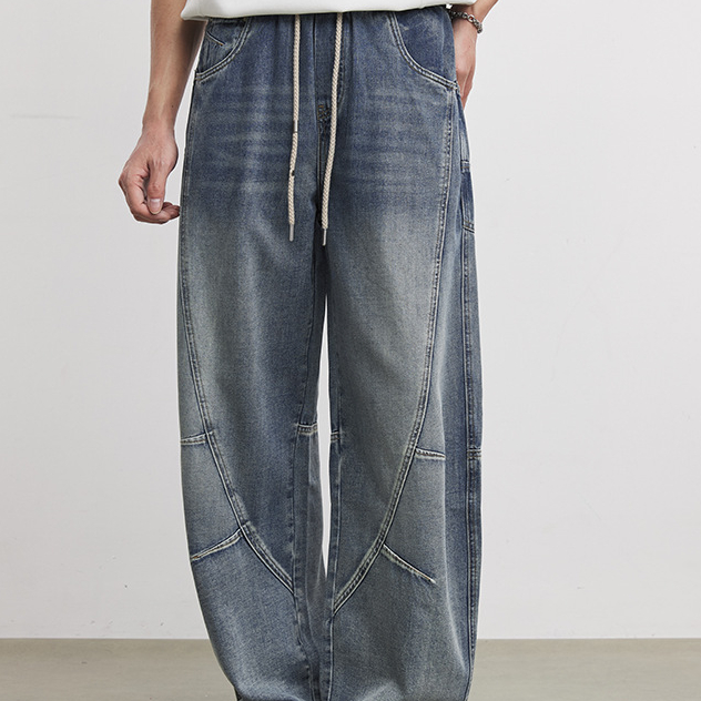 立體裁剪抽繩牛仔彎刀褲男2026年春季新款牛仔褲舒適傘兵長褲