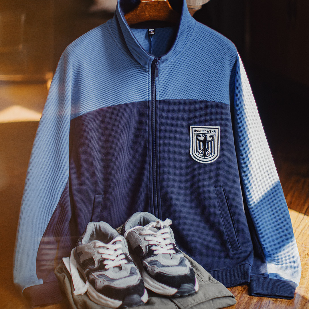 美式撞色教練夾克華夫格立領藍色訓練服透氣長袖外套男秋