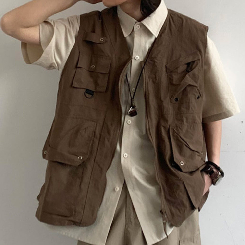 夏復古工裝短袖襯衫男女學生寬松基礎款廓形休閑襯衣
