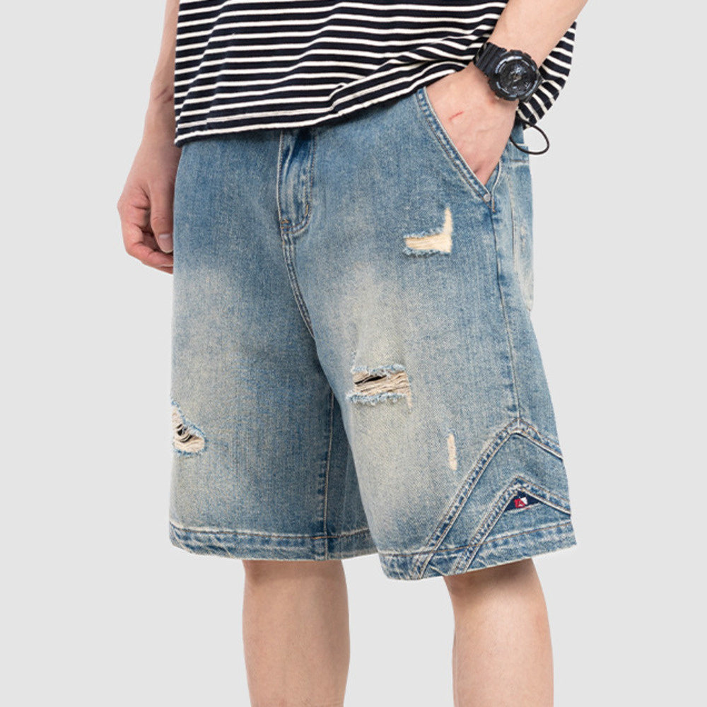 水洗破洞牛仔短褲男夏季寬松大碼美式潮牌休閑五分褲