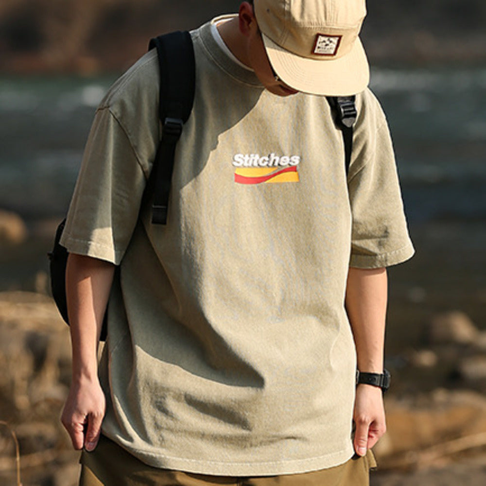 320g水洗發泡印花短袖男復古寬松休閑潮情侶T恤