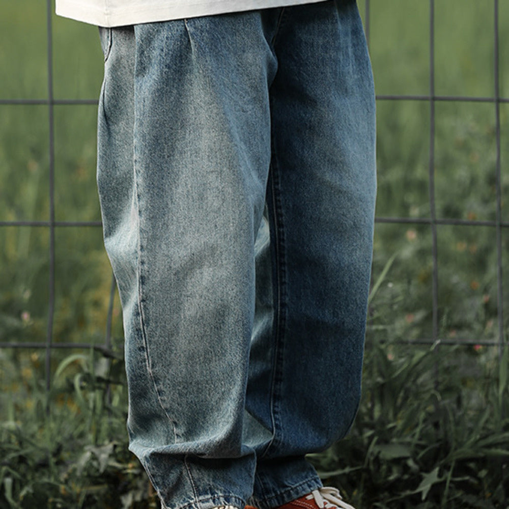 復古廓形牛仔褲男士直筒褲子男潮牌寬松做舊水洗哈倫長褲