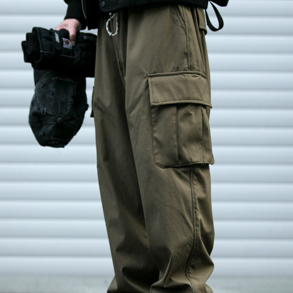 冬季防風大口袋加絨工裝褲男潮牌寬松戶外機能褲保暖直筒褲潮