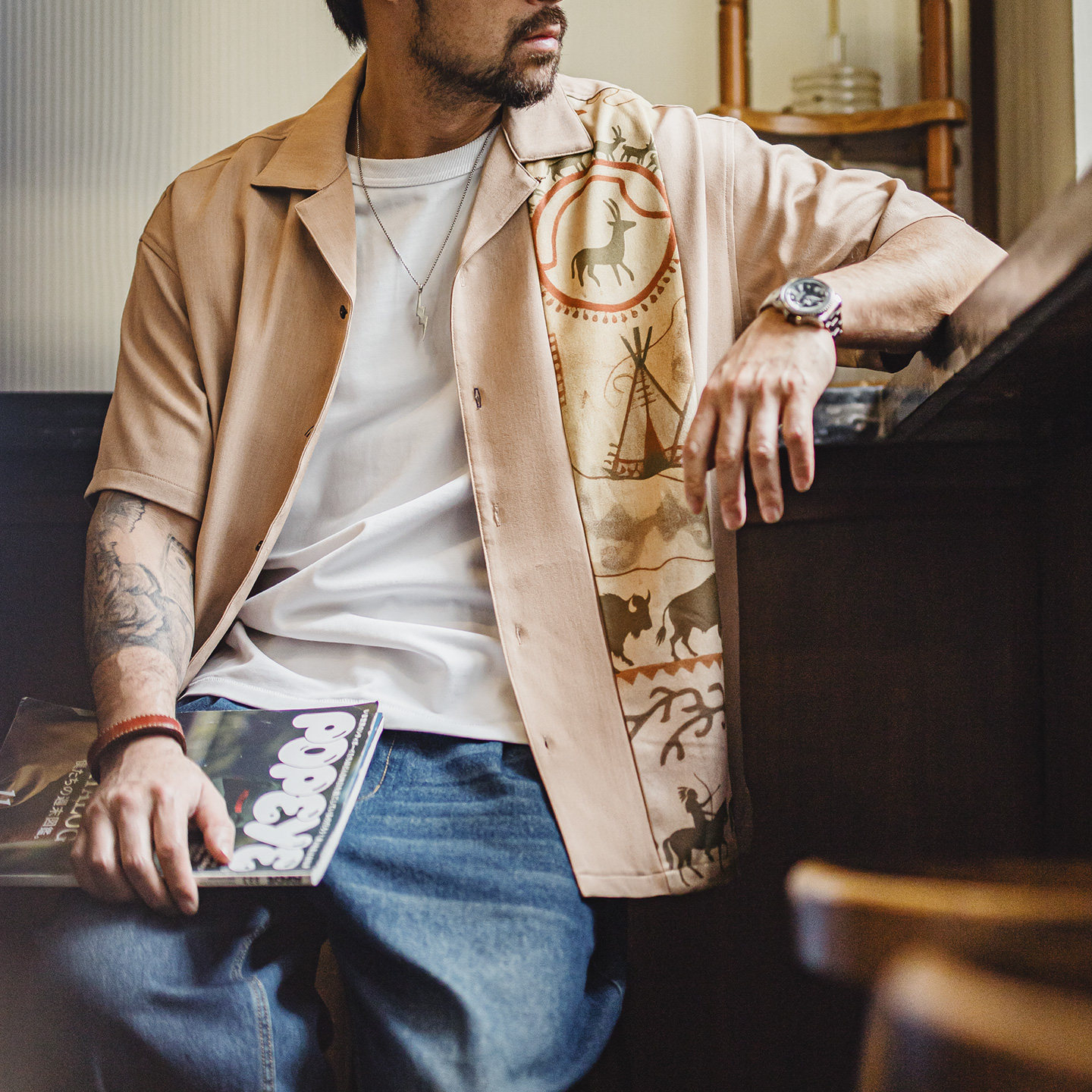 美式復古印花古巴領襯衫印第安薄款短袖棉襯衣外套男士夏