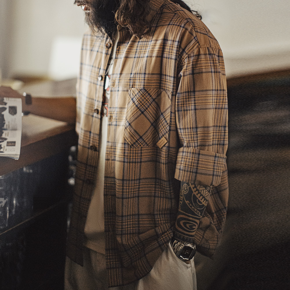 美式復古格子襯衫薄款長袖純棉外套式棕色格紋襯衣男夏秋