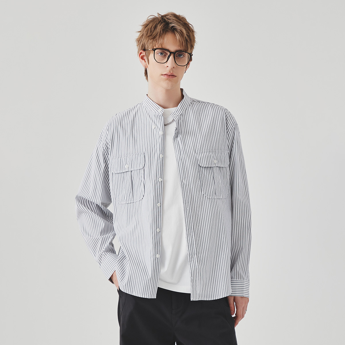 條紋襯衫男春季高級感痞帥商務休閒百搭立領長袖襯衣外套