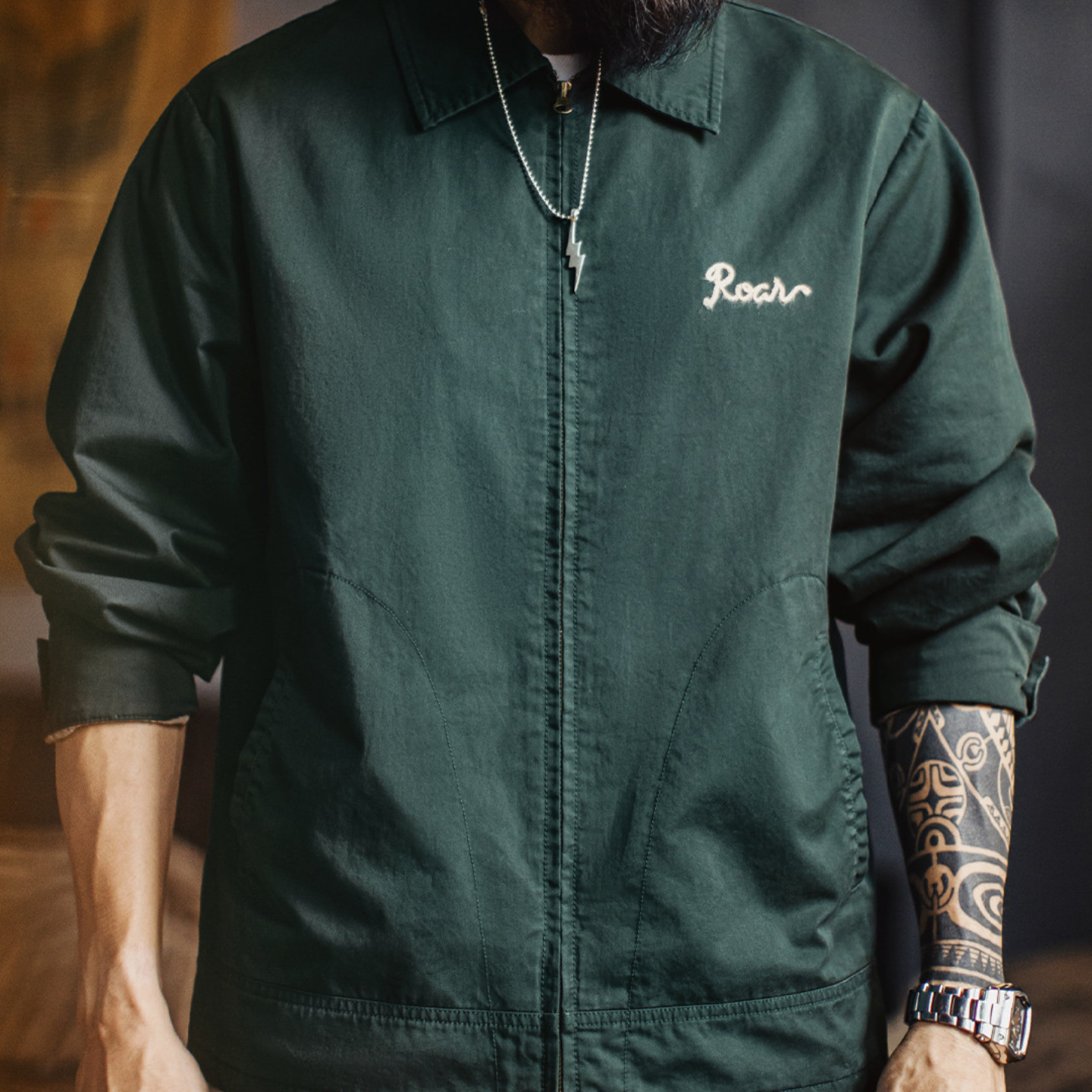 美式復古刺繡教練夾克翻領墨綠色純棉重磅長袖外套男秋
