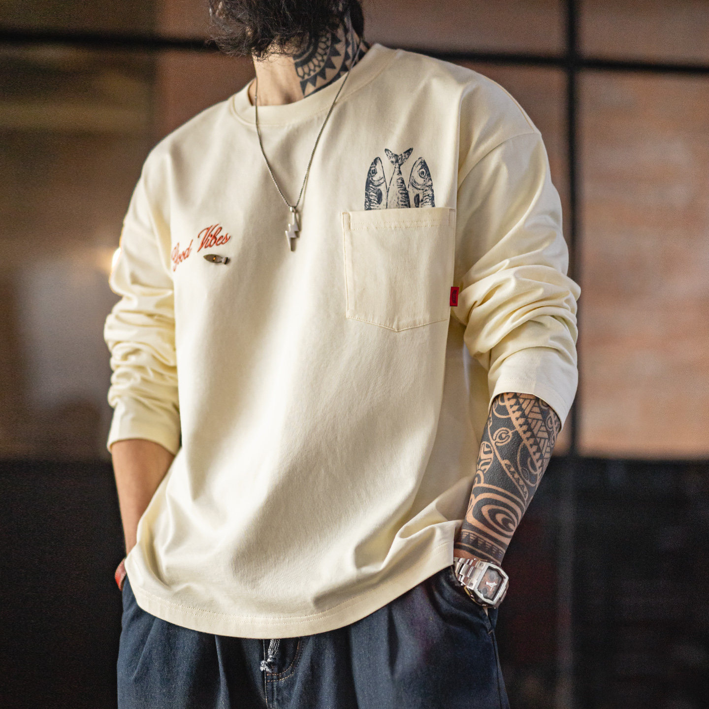 美式印花口袋長袖T恤純全棉舒適圓領打底內搭體恤男款春