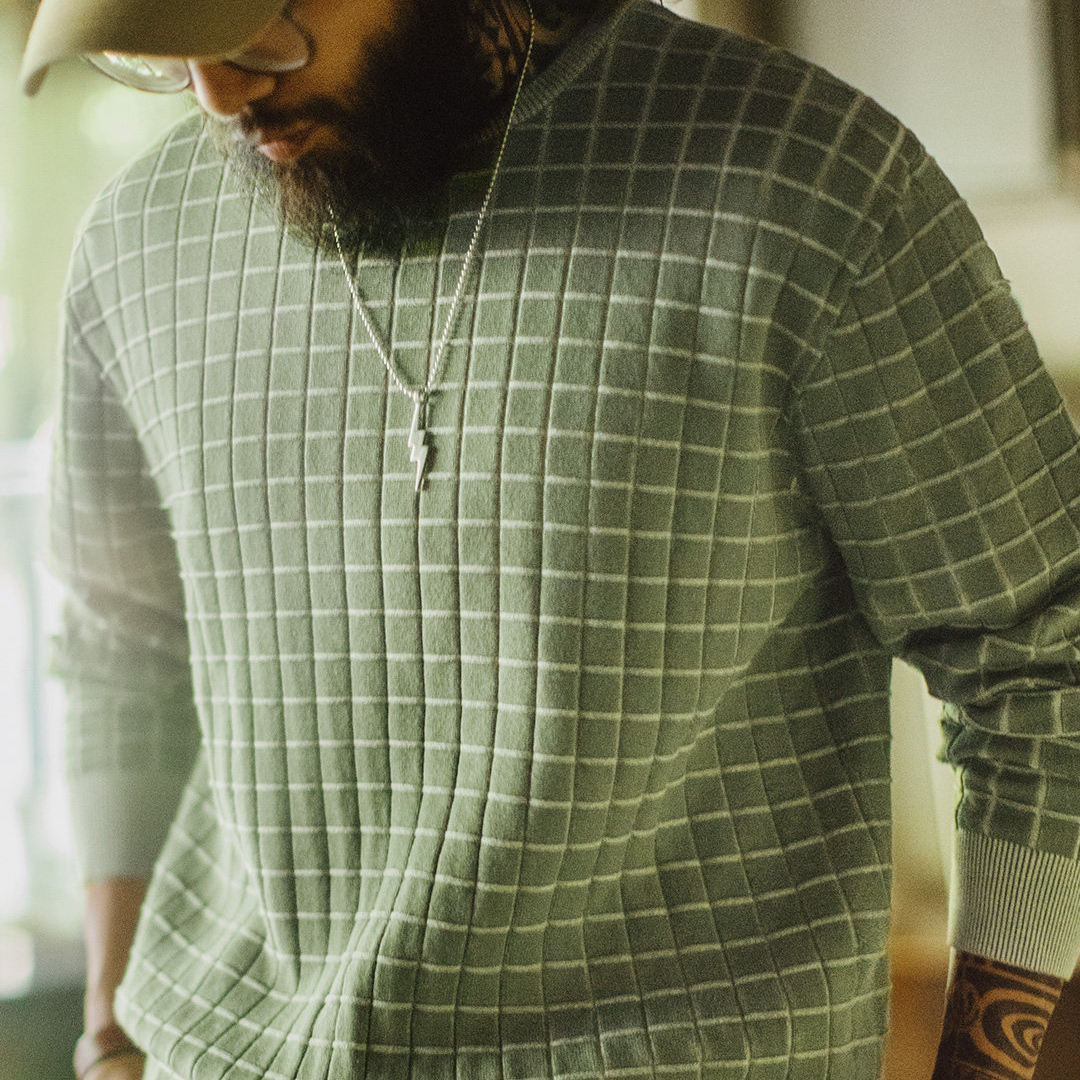 美式復古格子圓領衛衣格紋綠色長袖T恤套頭短款外套男春