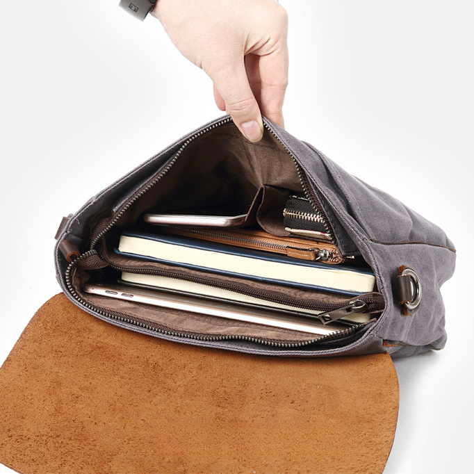 復古瘋馬皮男式休閒男包帆布包橫款單肩包斜挎包男士包包斜跨包