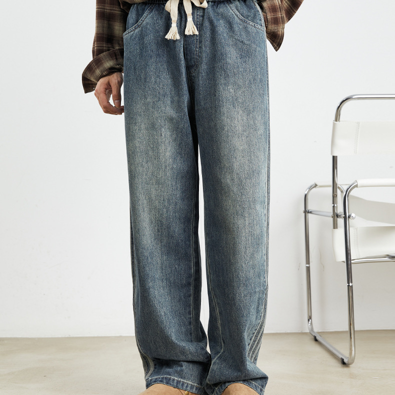美式復古闊腿牛仔褲男春秋季寬鬆垂感老爹褲水洗大碼褲子