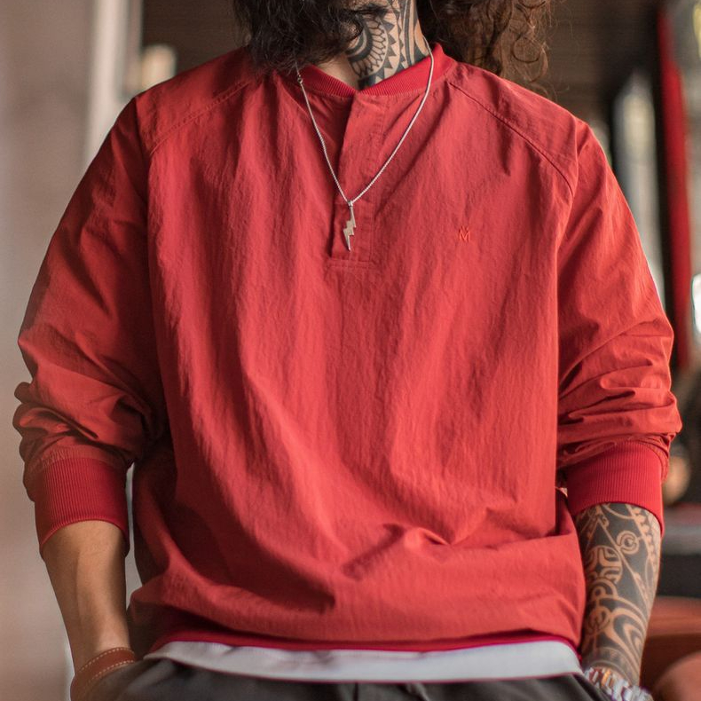 美式復古棒球領衛衣新年紅色上衣寬鬆套頭衫圓領T恤男春