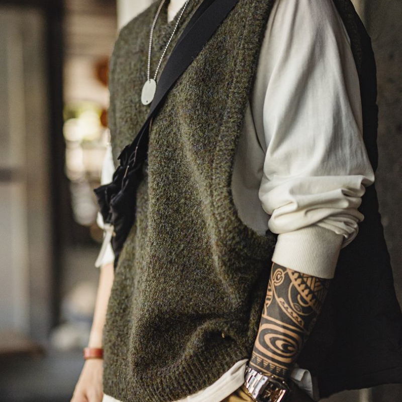 美式復古針織V領馬甲絨背心疊穿套頭保暖無袖坎肩男秋冬