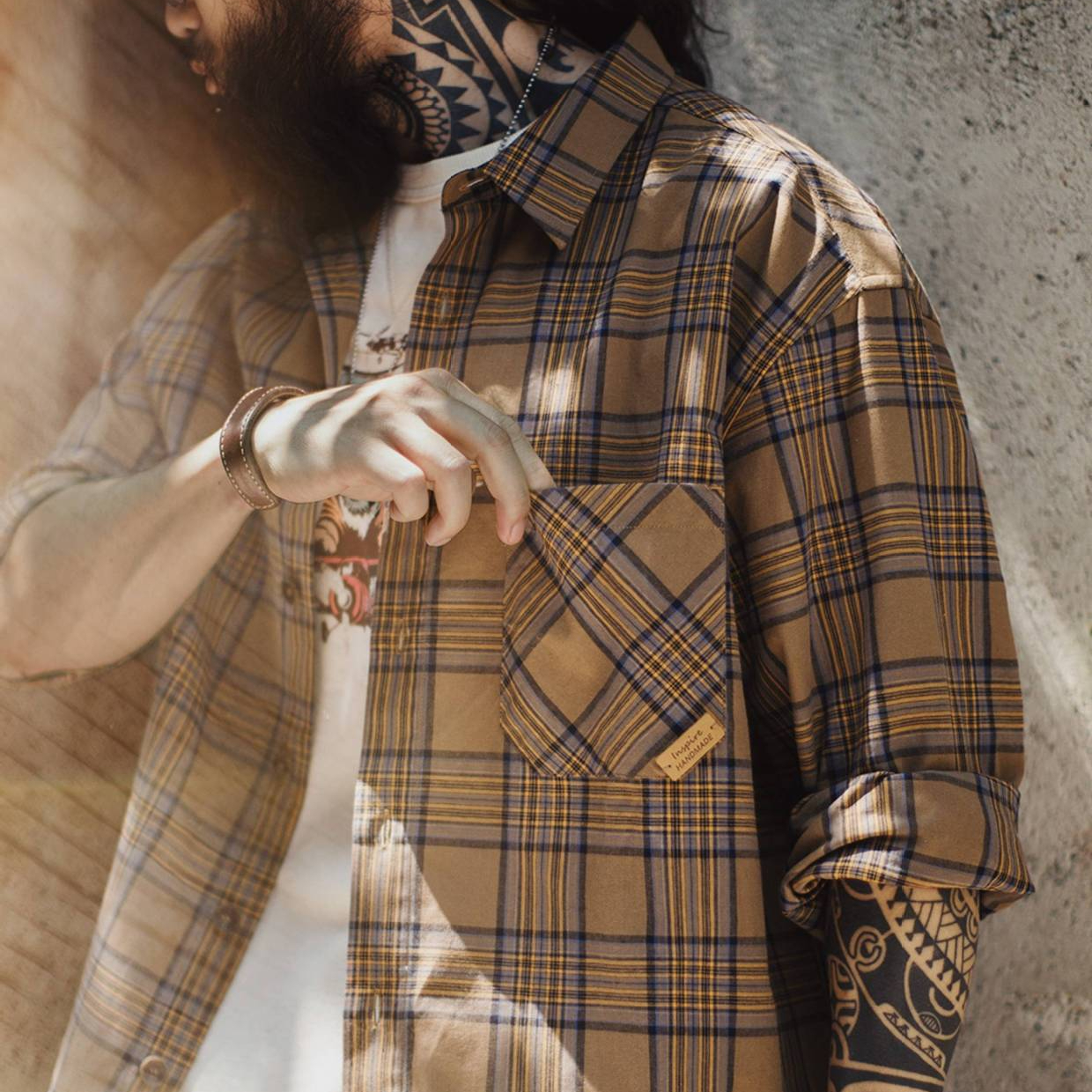 美式復古格子襯衫薄款長袖純棉外套式棕色格紋襯衣男夏秋