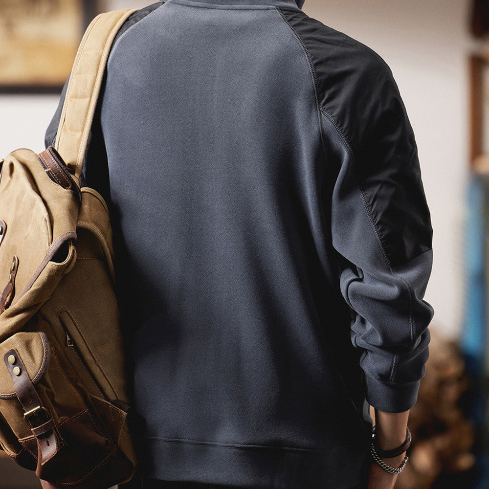 撞色拼接半拉鏈立領衛衣男士寬松休閑POLO衫秋冬季加絨外套男