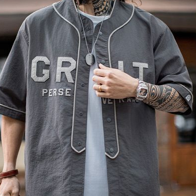 美式休閒GRIT棒球服貼布繡襯衫日系灰色薄款襯衣男春夏