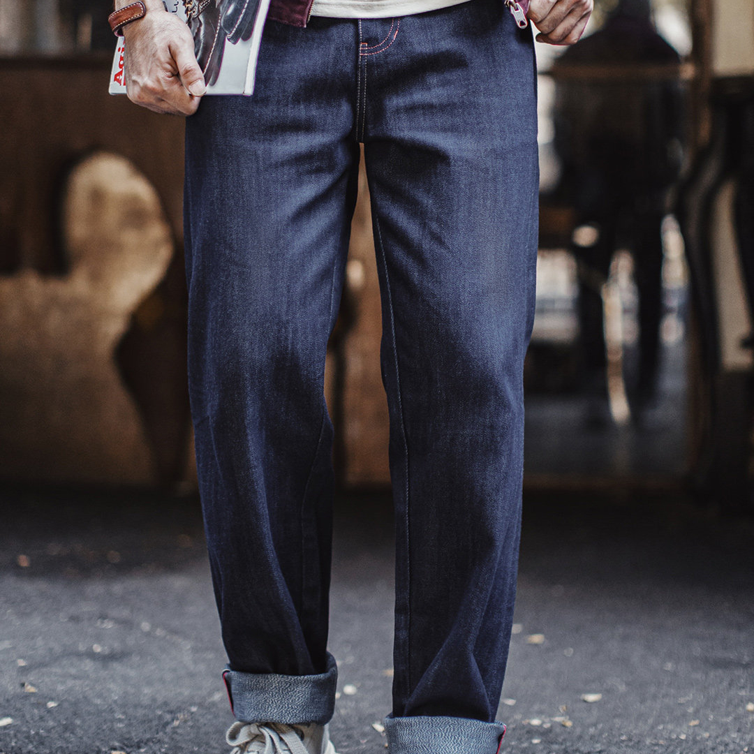 美式復古原牛牛仔褲赤耳直筒丹寧微錐形原漿休閒褲男款春