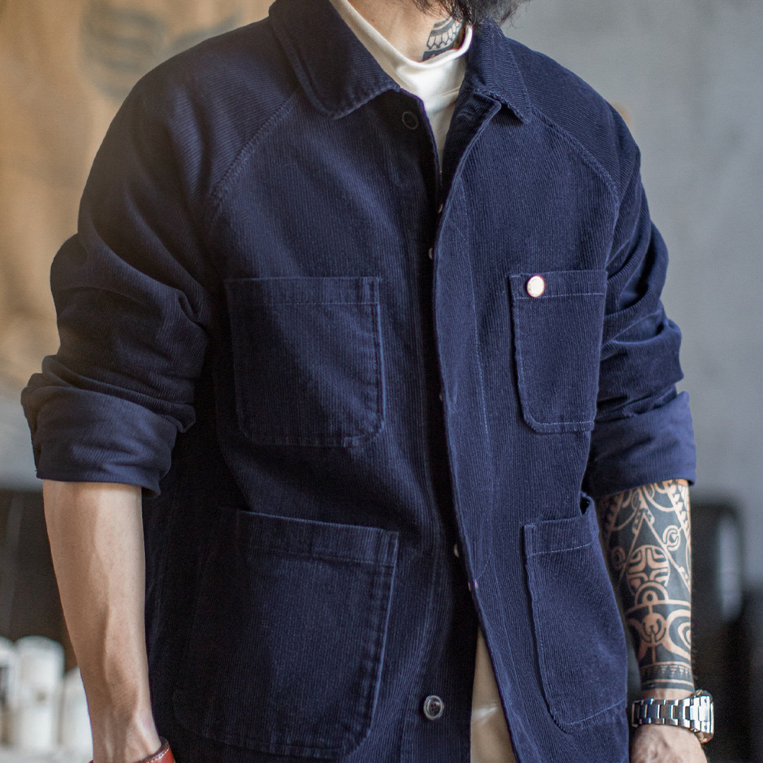 美式復古燈芯絨四袋獵裝夾克短款藏藍色翻領薄款外套男春