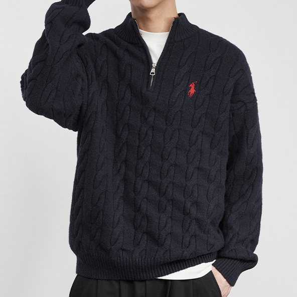 潮藏秋冬季老錢刺繡麻花肌理感2025男士針織半開高領毛衣