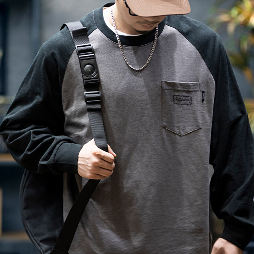 美式竹節棉長袖t恤男秋季潮牌寬松圓領撞色上衣男士休閑打底衫潮