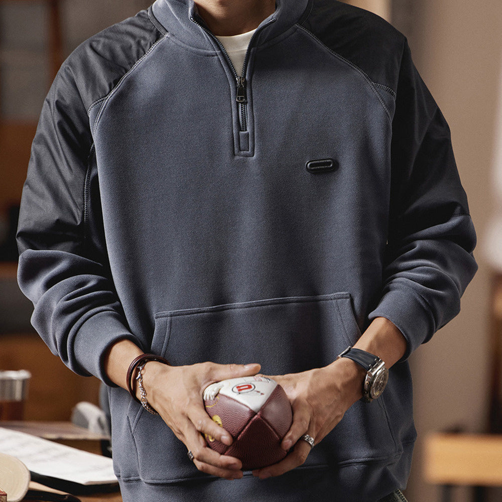 撞色拼接半拉鏈立領衛衣男士寬松休閑POLO衫秋冬季加絨外套男