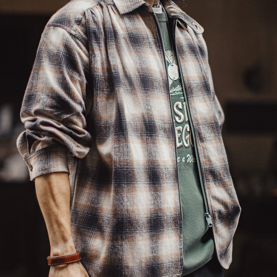 美式復古格子拉鍊襯衫翻領格紋純棉外套開衫長袖襯衣男春