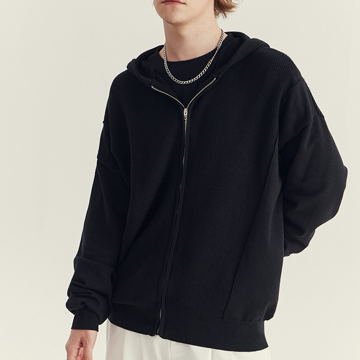 秋冬季男士連帽針織開衫外套高級感潮牌寬鬆休閒拉鍊毛衣