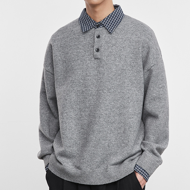 格领620G重磅混纺拼色翻领毛衣男冬季美式保暖宽松时尚潮