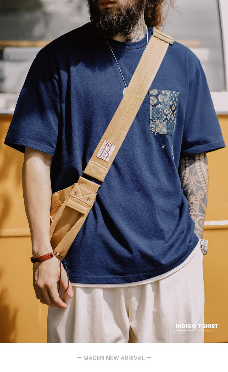 植物藍染古布拼接口袋T恤美式復古indigo純棉上衣男夏季