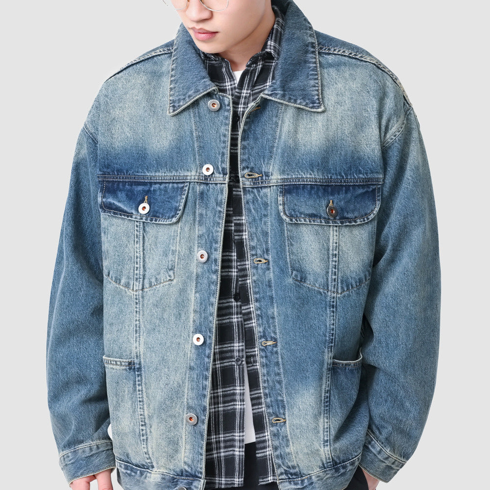 美式潮牌水洗做舊牛仔外套男秋季款寬松百搭工裝夾克