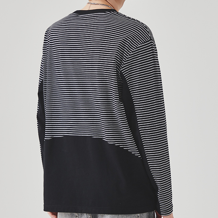 撞色條紋長袖T恤男士春秋季潮牌寬鬆圓領內搭上衣打底衫
