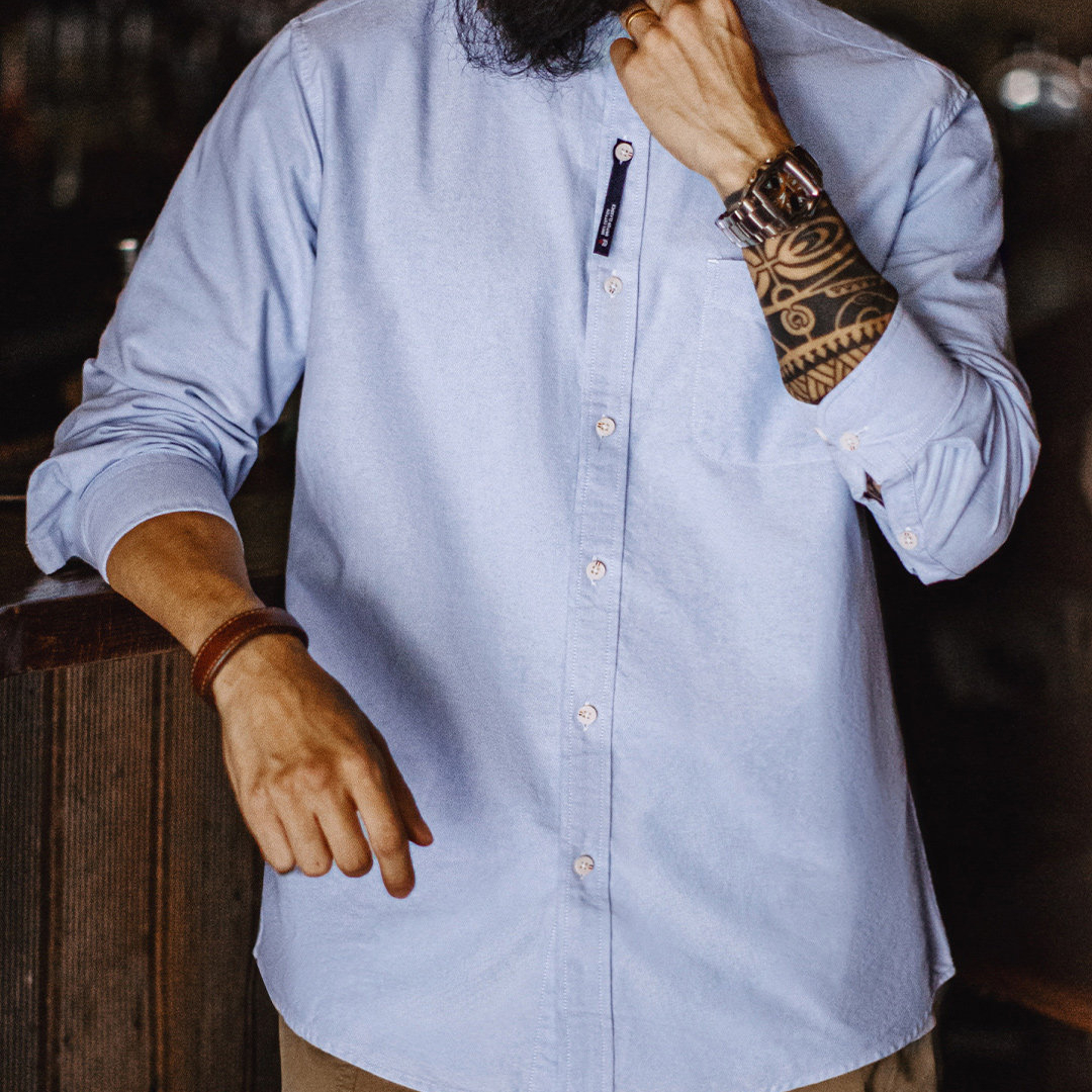 美式牛津布長袖襯衫小高領立領牛津紡純棉襯衣外套男款春