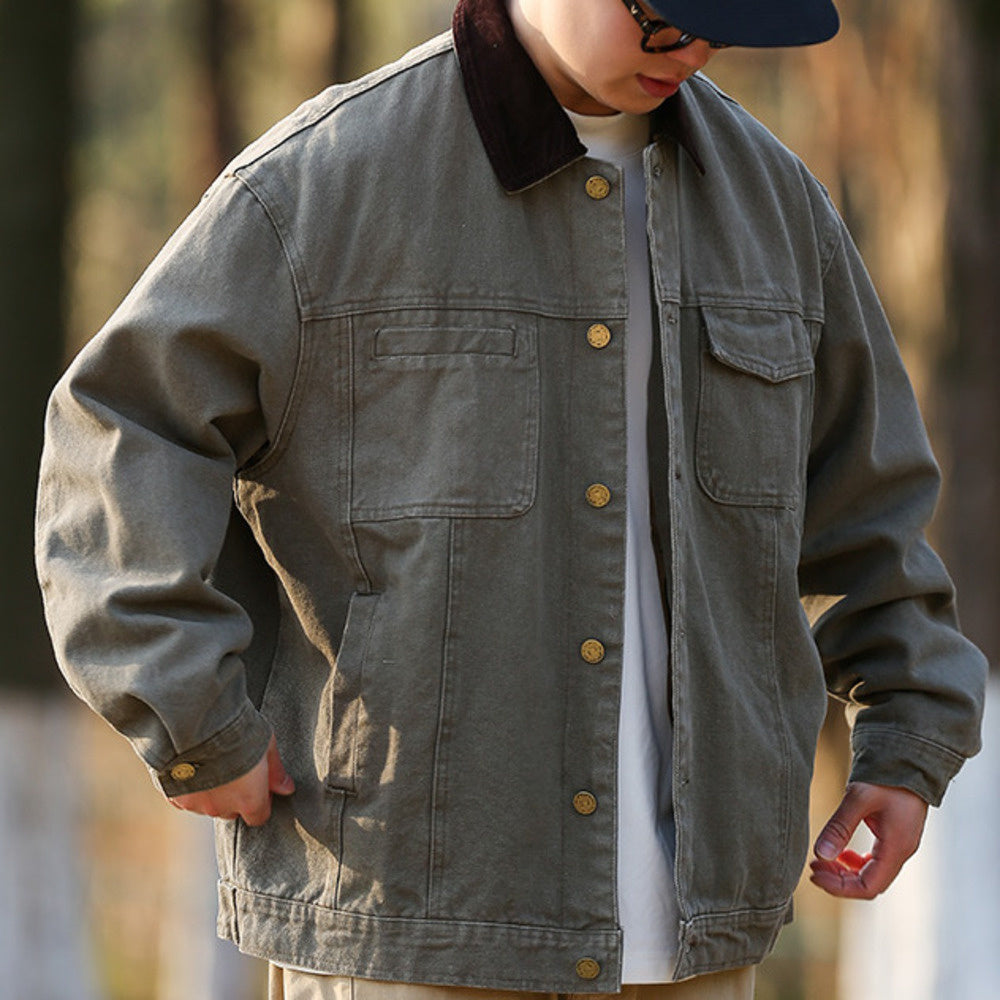 秋季翻領純色牛仔夾克男女寬松復古底特律多口袋工裝外套