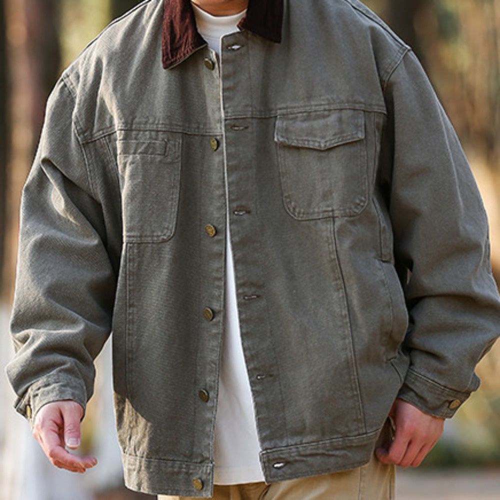 秋季翻領純色牛仔夾克男女寬松復古底特律多口袋工裝外套