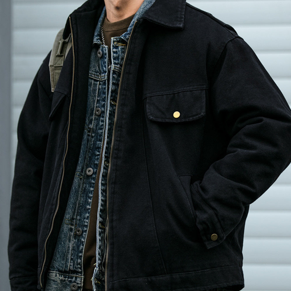 美式重工水洗底特律工装翻领棉衣男潮牌皮质贴标加厚棉服