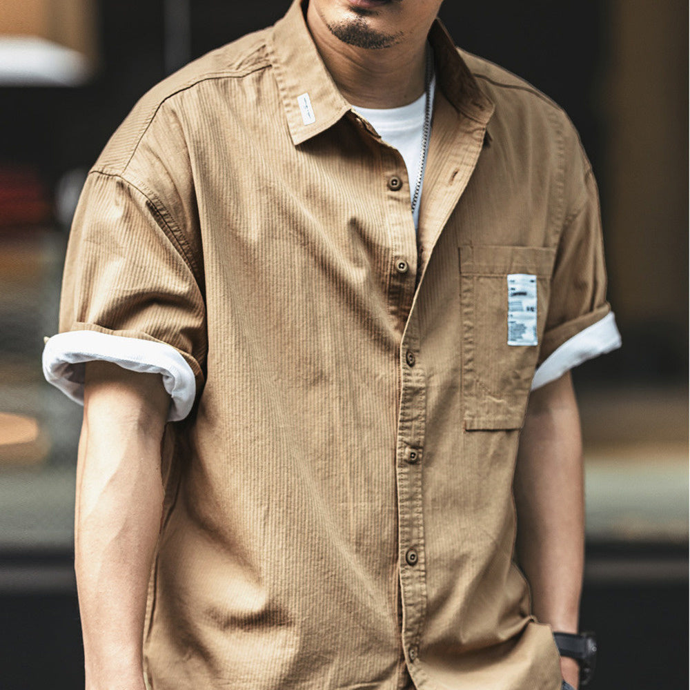 美式復古短袖襯衫男2024夏季新款純色寬松上衣休閑雅痞工裝襯衣男