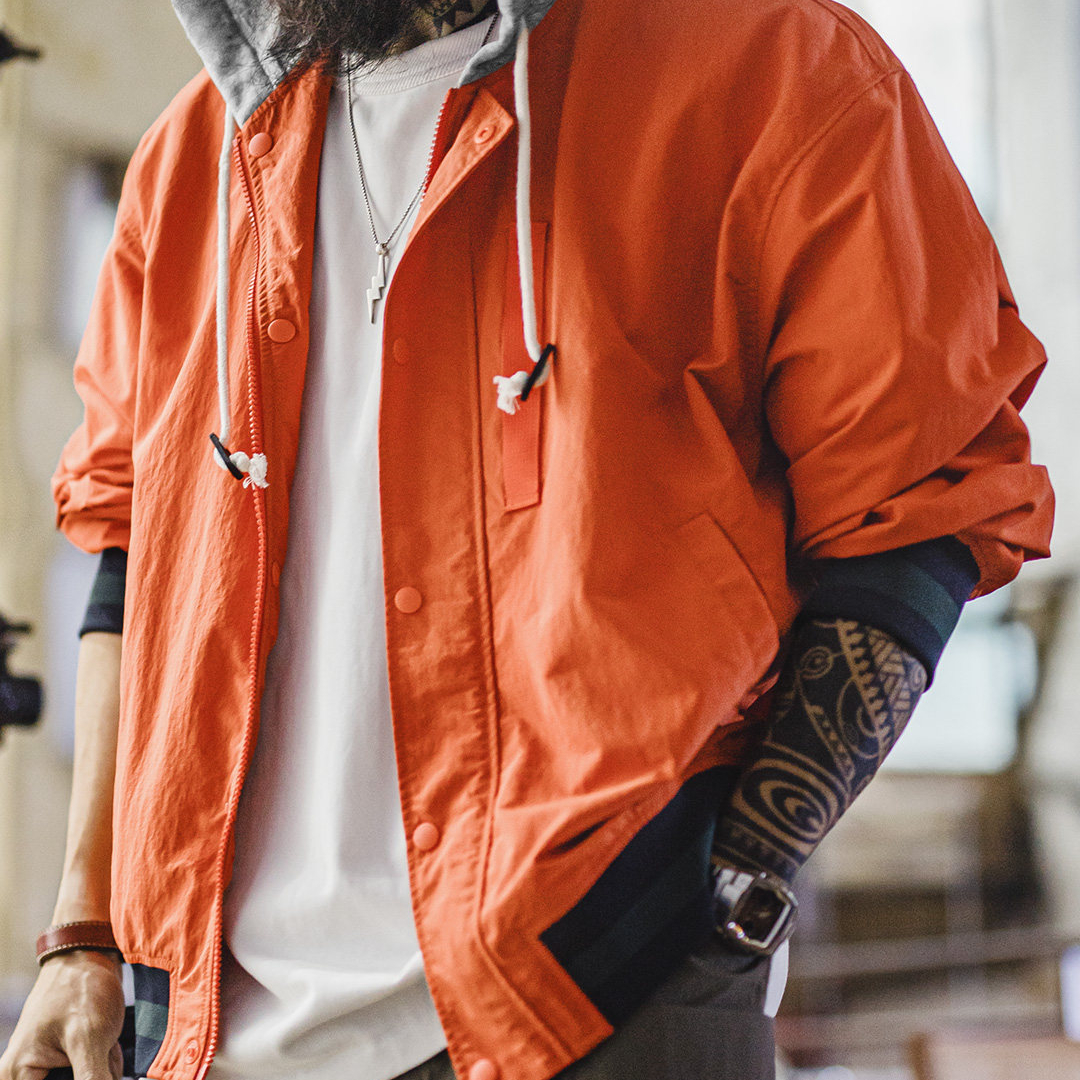 美式復古拼接撞色連帽夾克短薄款開衫橙色休閒外套男春季
