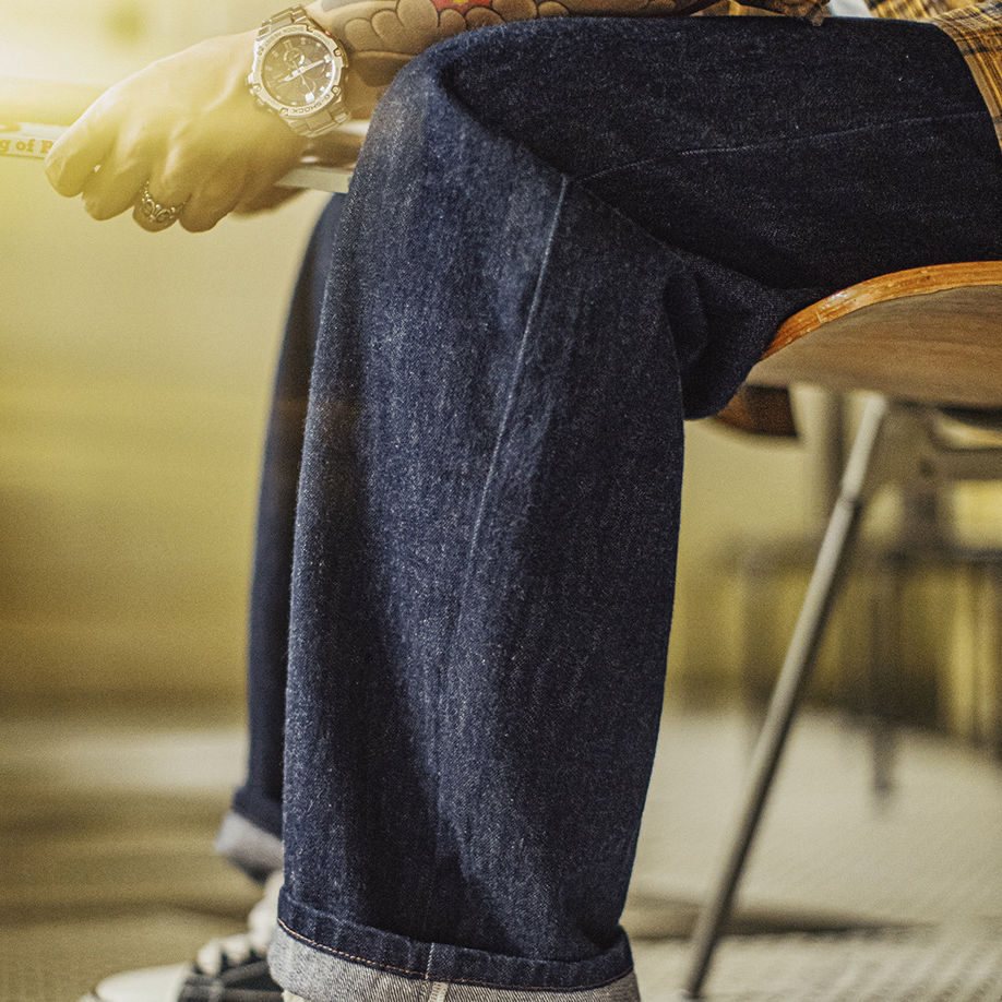 美式復古竹節深藍色牛仔褲直筒水洗丹寧休閒長褲子男士秋