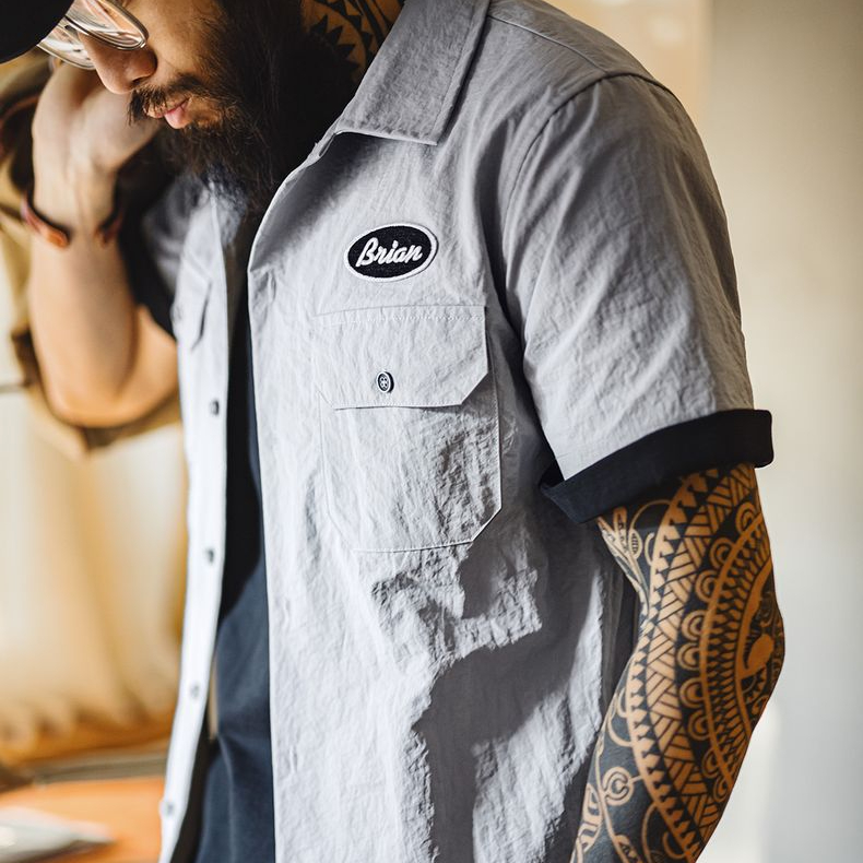 美式復古速度與激情同款古巴領襯衫硬漢vintage襯衣男夏