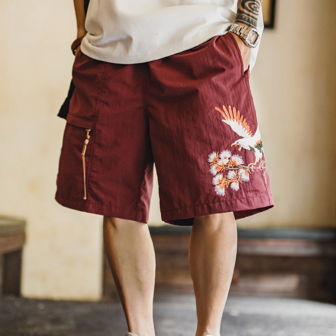 美式橫須賀刺繡短褲寬鬆紅色塔絲隆沙灘薄款五分褲男夏季