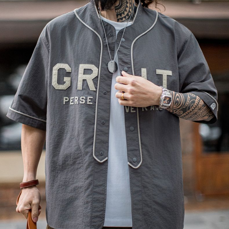 美式休閒GRIT棒球服貼布繡襯衫日系灰色薄款襯衣男春夏