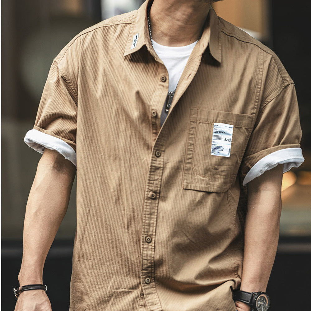 美式復古短袖襯衫男2024夏季新款純色寬松上衣休閑雅痞工裝襯衣男