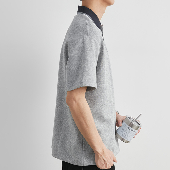 撞色領小狗刺繡Polo衫男夏季翻領寬鬆落肩短袖休閒通勤T恤