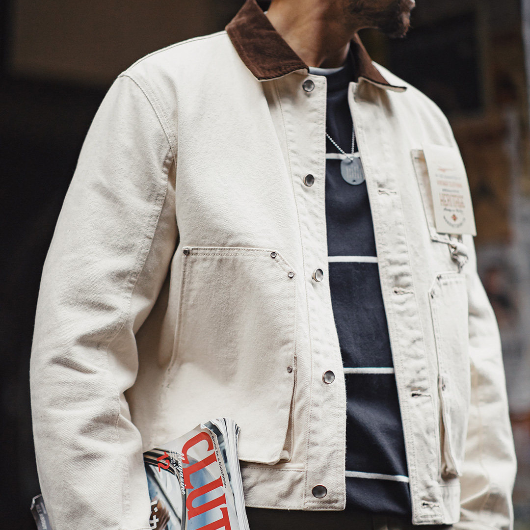 美式棉籽殼J22白色翻領夾克獵裝法式燈芯絨領外套男款春