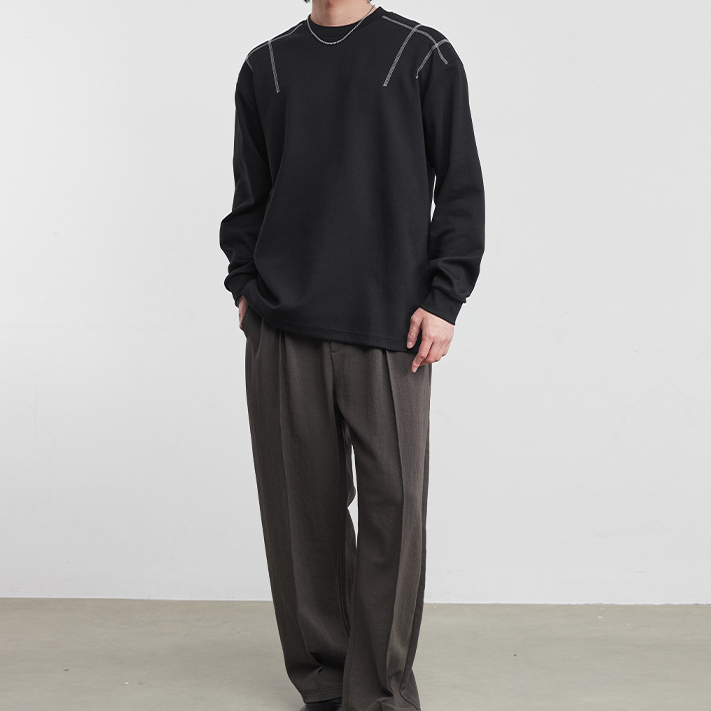 男士長袖T恤寬鬆微闊幾何設計打底衫春季圓領輯明線套頭上衣