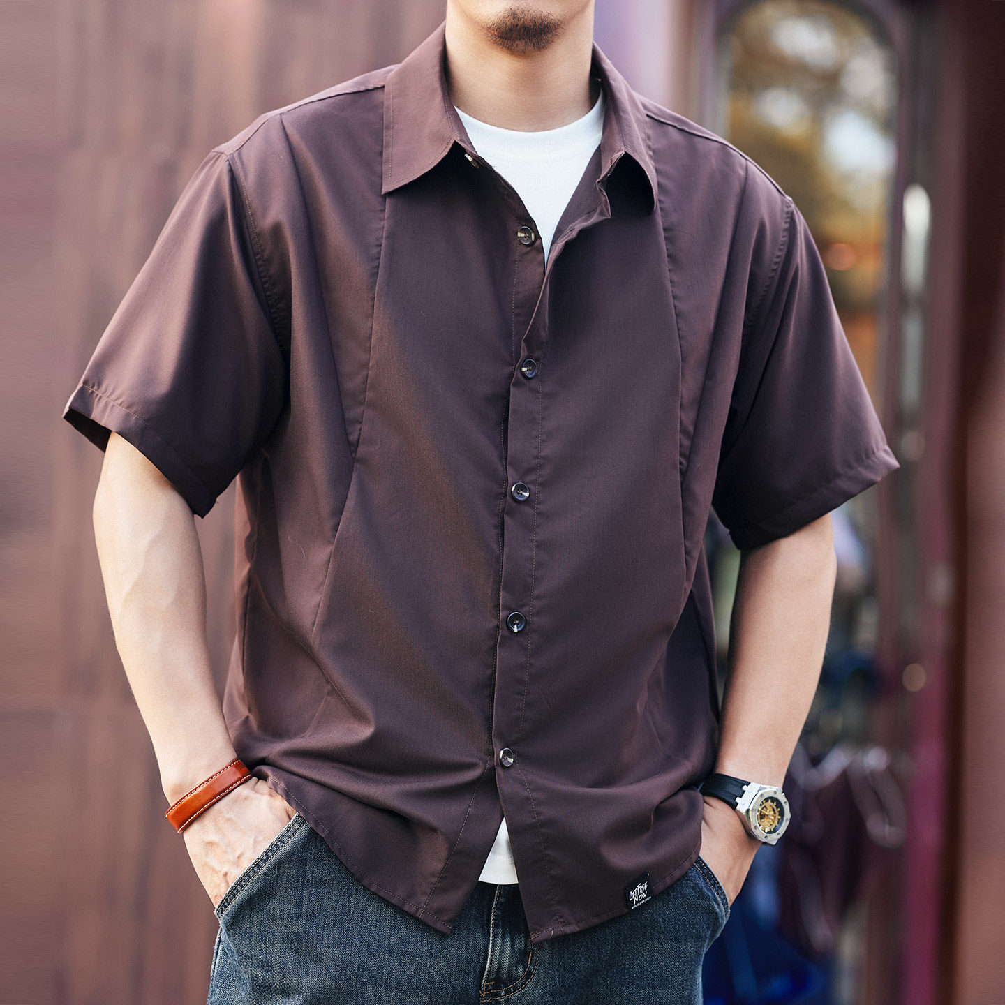 高端潮牌冰絲輕薄款短袖襯衫男士夏季寬鬆涼感透氣半袖襯衣